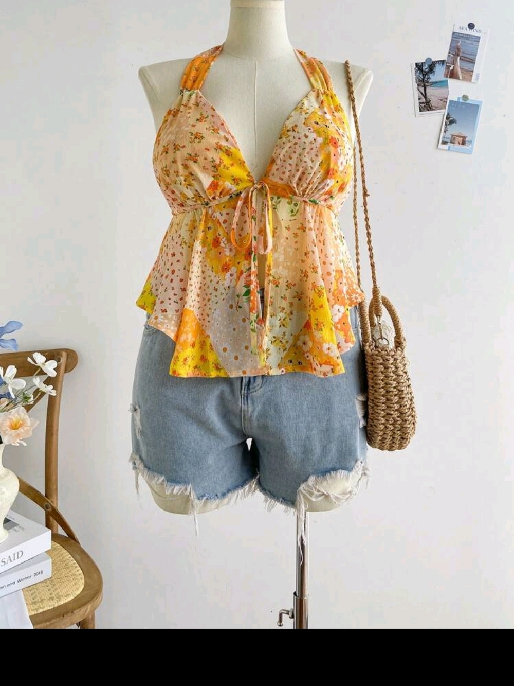 Floral Tie-Front Halter Top in Yellow